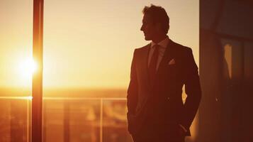 A man in a tailored suit stands against a window his silhouette defined by the warm glow of the setting sun. The smooth silk of his tie and pocket square adds a touch of luxury to photo