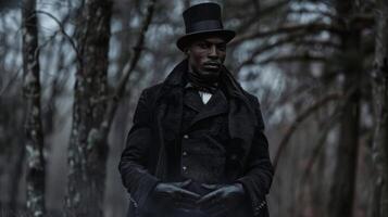 Deep in the woods a stylish black man stands a towering trees dressed in a gothicinspired ensemble complete with a long coat leather gloves and a top hat. Against the dark natural photo