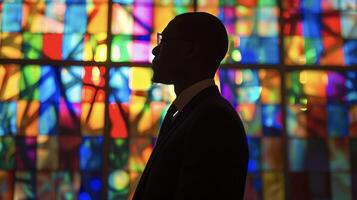 The silhouette of a black man is illuminated by the vibrant colors of stained glass creating a mesmerizing dance of light and shadows. His tailored suit and the graceful d of his tie photo