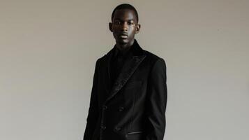 A black man stands in a minimalist studio setting dressed in a sleek allblack ensemble with subtle traditional African accents. His confident posture and stylish fashion choices combine photo