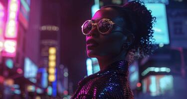 In the midst of a bustling city square a poised black woman stands ast the neon lights and skysers. Her fashionforward ensemble and regal posture combine to create a portrait that photo