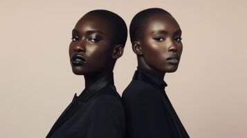 Two black models stand back to back each clad in sleek and tailored suits. With sharp lines and neutral colors their outfits challenge the traditional notion of mens and womens fashion photo