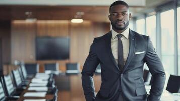 A dapper black man commands attention in the boardroom dressed in a finely tailored suit and polished shoes. His strong posture and determined expression demonstrate his unwavering photo