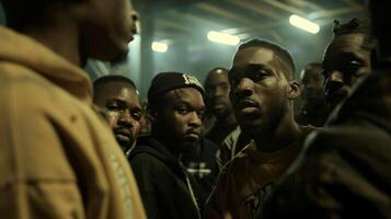 Lit only by dim overhead lights a group of black men huddle together in a factory setting. Their rugged workwearinspired streetwear outfits blend seamlessly with the industrial blue photo