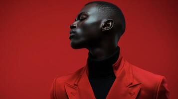 In a bold nod to the iconic color of love a black man poses in a sharp suit of fifty shades of red. The varying shades from crimson to maroon create a striking contrast against his photo