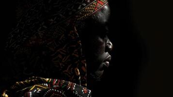 A lone figure emerges from the shadows their face partially obscured. The dramatic lighting highlights the intricate patterns and details of their traditional African garb creating photo