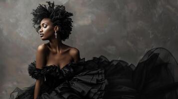 A serene black woman gazes into the distance her elegant black gown cascading around her. With a soft smile and pose she exudes a desire and luxurious allure. photo