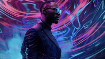 In this image a sharply dressed black man stands before a backdrop of swirling digital patterns. His attire is a fusion of traditional and technological featuring a robotic arm and photo