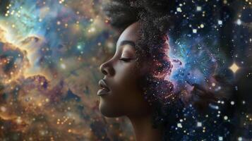 A breathtaking portrait captures a black woman in a moment of quiet introspection her eyes closed and her face tilted upwards towards a stunning nebula. The intricate detailing of photo