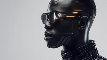 The striking visage of a black man dressed in a sleek allblack ensemble with hints of geometric patterns and holographic elements. Through his futuristic glasses one can see the photo