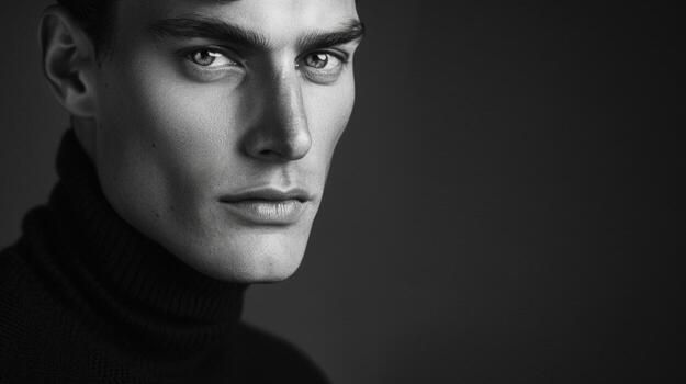 en un sorprendentes blanco y negro imagen un hombre con fuerte caracteristicas miradas directamente dentro el cámara su eterno negro suéter tipo con cuello de tortuga enfatizando su agudo línea de la mandíbula. el sencillez y simetría foto