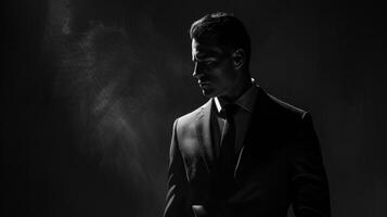 In this captivating portrait a mysterious man stands in the shadows his features only partially revealed by the dim light. His stylish suit and carefully styled hair exude a sense photo
