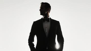 A man in a fitted black tuxedo stands proudly against a stark white background the crisp edges of his silhouette mirroring the precise tailoring of his outfit. The dramatic contrast photo