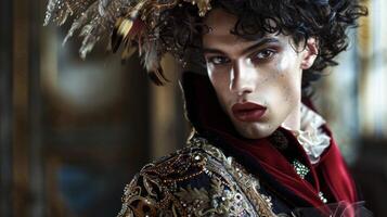A stunning man with dark curly locks styled in a lustrous wig adorned with feathers and jewels. His makeup is bold and theatrical with deep red lips and a touch of shimmer on his . photo