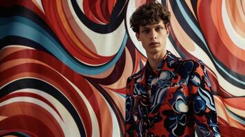 Against a backdrop of swirling abstract shapes and colors a man exudes confidence and style in an avantgarde ensemble that is a perfect reflection of the abstract carousel theme. photo