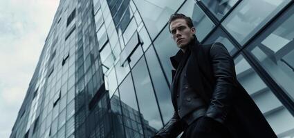A man in a sleek allblack ensemble leans against a futuristic glass structure artfully blending in with its modern aesthetic. The sharp angles of his outfit mirror the bold lines of photo