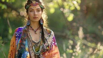 She is the embodiment of feminine mystique dd in a vibrant colorful robe that billows around her. Her hair is adorned with intricate braids and beads adding an element of sacred ritual photo