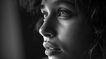 A wistful black and white portrait of a woman captures her in a quiet moment her gentle smile and soft features illuminated by the delicate play of light and shadow in this monochromatic photo