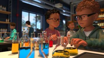 A virtual laboratory setting where children are conducting experiments to understand the chemical processes involved in converting organic materials into biofuels. photo