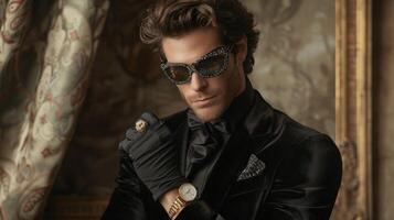 Dressed in a regal black velvet suit a handsome man completes his ensemble with a mesmerizing opal masquerade mask. His jeweled cufflinks and pocket watch add a touch of sophistication photo
