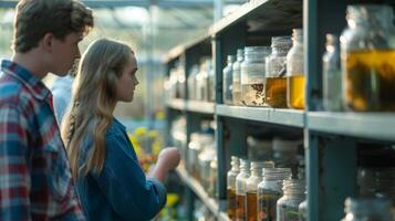 en un grande invernadero estudiantes son examinando varios microorganismos usado en el biocombustible producción proceso. un guía explica el importancia de estos organismos en rotura abajo orgánico foto