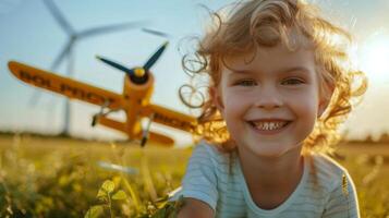 A closeup shot of a smiling child playing outside with a toy airplane that has a label reading Biofuel Propelled. In the background a wind farm can be seen highlighting the potential photo