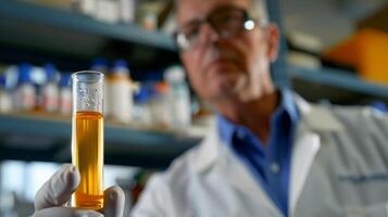 A closeup image of a scientist in a lab coat holding a test tube filled with a clear amber liquid. In the background a shelf filled with various scientific equipment can be seen. The photo