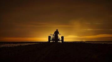 A silhouette of a lone farmer working late into the night using a biofuelpowered machine to prepare the soil for planting. The dim glow of the machines headlights highlights the photo