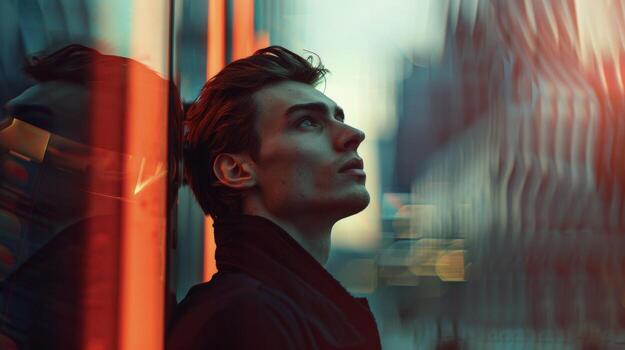 A man with a sharp jawline and chiseled features gazes into the distance the contours of his face mirroring the angular design of the buildings that surround him. As if harnessed by photo