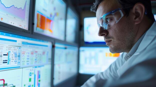 Closeup of a scientist carefully monitoring a display of temperature pressure and chemical composition readouts on multiple screens all related to the thermochemical extraction process. photo