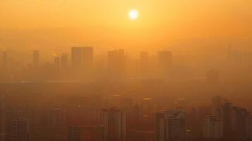 A city skyline is shrouded in a thick layer of smog making it difficult to see the sun. This smog is a result of the emissions from the numerous biodiesel factories tered throughout photo