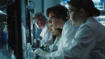 A group of researchers huddled around a computer screen analyzing data and discussing the potential of different microalgae strains for use in biofuel production. Their dedication photo