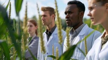 A group of scientists in lab coats stand in front of a graph pointing to the sharp decline in soil health and biodiversity in areas where biofuel production has intensified. The graph photo