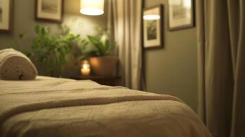 The treatment rooms continue the peaceful atmosphere with soft billowy curtains and dim lighting as guests lie on a plush neutralcolored massage bed dd in a soft cotton blanket. The photo