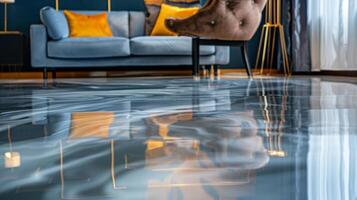 A glossy reflective epoxy resin floor adds an unexpected element to the room with its glossy finish reflecting the furniture and decor in the space. The smooth surface also enhances photo