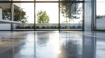 The sleek reflective surface of the polished concrete floor spans the length of the room catching and amplifying the natural light pouring in from the large windows. The result is photo