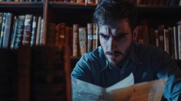 With a furrowed brow a man sits in front of an old computer scrolling through digital archives of historical documents. His eyes light up as he discovers a new piece of information photo