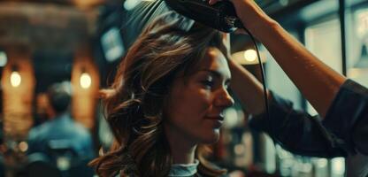 As one hairdresser expertly blowdries a clients hair the other uses deft hands and precise s to shape the perfect . Their synchronized movements and synchronized teamwork are a testament photo