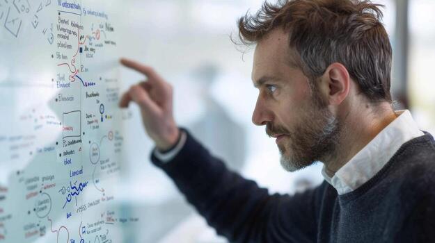 A side profile of a Linguist pointing to a diagram on a whiteboard showing the transformation of sound and grammar in different versions of a language over centuries. photo