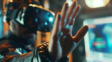 A closeup shot of an IT spets hand skillfully manipulating a virtual reality simulation. This demonstration showcases how the spet is using tingedge technology to push the boundaries photo