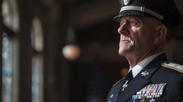 A military general standing at attention adorned in full dress uniform and gazing off with a steely commanding gaze. photo