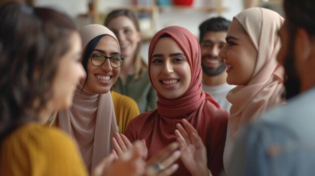 A group of diverse individuals from different backgrounds and abilities linked together through the common language of silent speakers creating a powerful moment of understanding and photo