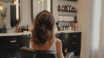 un foto de un mujer sentado en un salón silla con su espalda a el cámara y un dramático revelar de su transformación como ella vueltas alrededor a revelar su de moda pelo Gracias a el experto