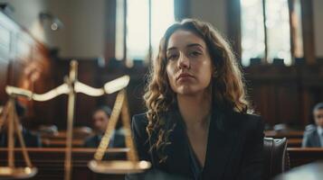 A solemn courtroom scene with a judge presiding over a trial her hand resting on a large set of scales as she listens to arguments from both sides. photo
