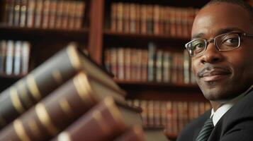In this portrait a welldressed individual is surrounded by law books a physical representation of their knowledge and expertise in the field. photo