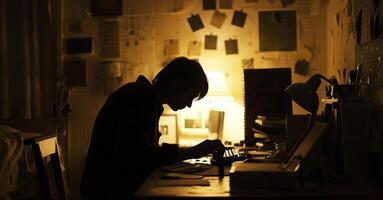 In a dimly lit room a silhouette of a figure can be seen hunched over a desk lost in the world of numbers and puzzles. photo