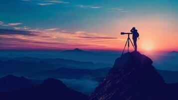 A silhouette of a person standing on top of a mountain looking out into the distance with a telescope in hand. The vast open landscape represents the endless pursuit of truth and the photo