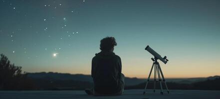 A shot of a musician sitting on a rooftop at dusk gazing at the starry sky with a telescope next to them. The photo symbolizes the artists fascination with astronomy and how it sparks
