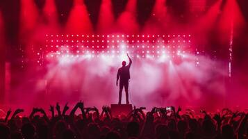 A figure stands atop a stage illuminated by bright lights and surrounded by a throng of cheering fans. In their hand a microphone symbolizing their skill in capturing and holding the photo