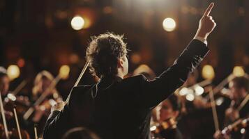 un sinfonía conductor capturado acción media su brazos elevado alto como ellos dirigir un grupo de talentoso músicos en un fascinante musical actuación. el fondo de el concierto salón agrega foto